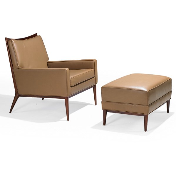 PAUL MCCOBB; DIRECTIONAL Lounge chair and ottoman: PAUL MCCOBB DIRECTIONAL Lounge chair (no. 1322) and ottoman, USA, 1950s; Lacquered mahogany, leather; Unmarked; Chair: 32 1/2" x 28 1/2" x 30 1/2", ottoman: 17 1/2" x 29" x 19"