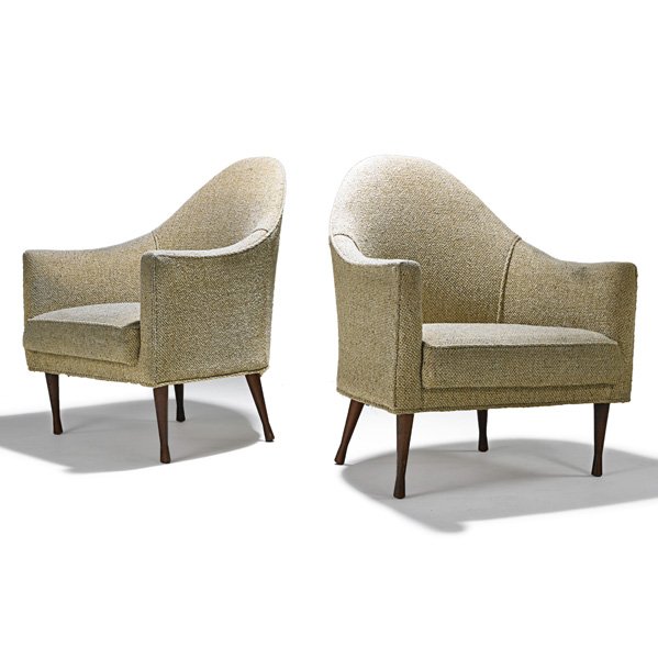 PAUL McCOBB; WIDDICOMB Pr. of Symmetric chairs: PAUL McCOBB WIDDICOMB Pair of Symmetric lounge chairs, Grand Rapids, MI, 1950s; Walnut, upholstery; Unmarked; 33 1/2" x 29" x 28 1/2"