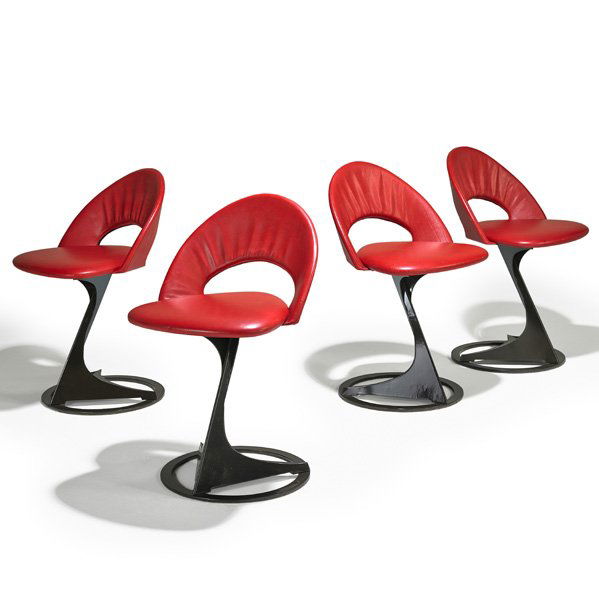 SANTIAGO CALATRAVA; DE SEDE Theater chairs: SANTIAGO CALATRAVA DE SEDE Set of four chairs from the Tabourettli Theatre, Basel, Switzerland, 1986; Enameled steel, leather; Unmarked; 30" x 18" x 19 1/2"