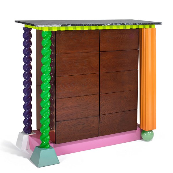 PETER SHIRE Tall chest: PETER SHIRE (b. 1947) Tall chest, Los Angeles, 1980s; Oak, polychromed wood, granite, copper, brass; Unmarked; 49 1/2" x 54" x 24 3/4" Provenance: Janus Gallery, Los Angeles, CA, 1982