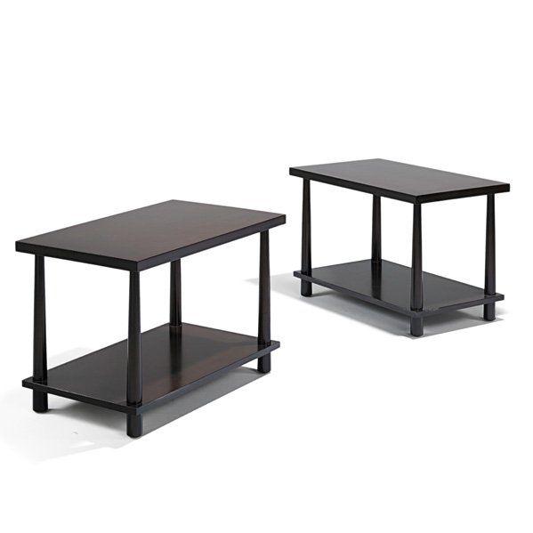 T.H. ROBSJOHN GIBBINGS Pair of tiered sofa tables: T.H. ROBSJOHN GIBBINGS WIDDICOMB Pair of tiered sofa tables, Grand Rapids, MI, 1950s; Lacquered walnut; Decal labels; 20 1/2" x 30" x 18"