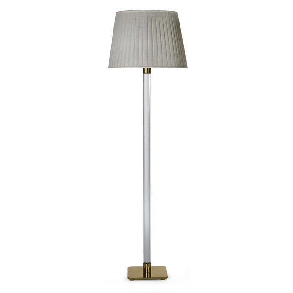 HANSEN Floor lamp: HANSEN LIGHTING CO. Floor lamp, New York, 1960s; Crystal, brass, linen, three sockets; Manufacturer's stamp; 57 1/2" x 17" dia.