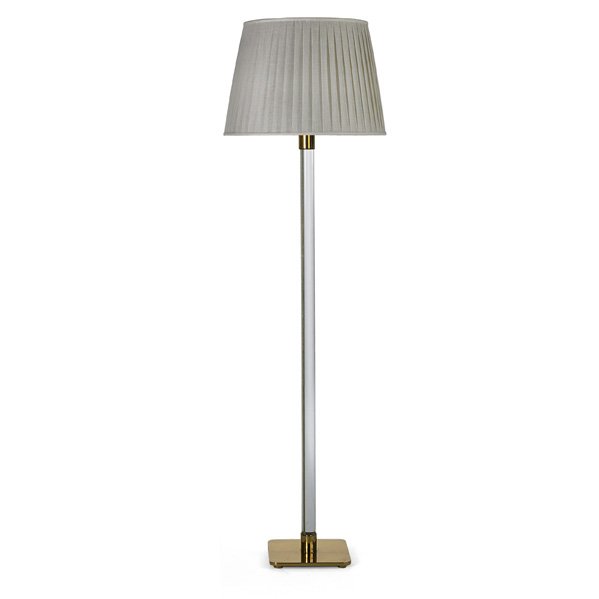 HANSEN Floor lamp: HANSEN LIGHTING CO. Floor lamp, New York, 1960s; Crystal, brass, linen, three sockets; Unmarked; 57 1/2" x 17" dia.