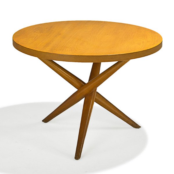 GIBBINGS; WIDDICOMB Occasional table: T.H. ROBSJOHN GIBBINGS WIDDICOMB Walnut occasional table, Grand Rapids, 1950s; Manufacturer's labels; 20" x 28" dia.