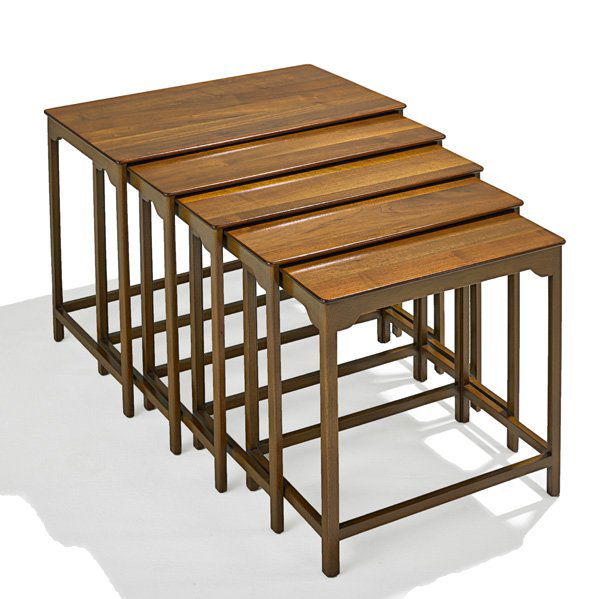 EDWARD WORMLEY; DUNBAR Nesting tables: EDWARD WORMLEY DUNBAR Set of five nesting tables (no. 4785), Berne, IN, ca. 1950; Bleached mahogany; Painted metal label; Largest: 20 1/2" x 26 1/4" x 15 1/2"
