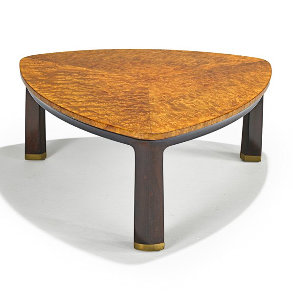 EDWARD WORMLEY; DUNBAR Coffee table (no. 6129): EDWARD WORMLEY DUNBAR Coffee table (no. 6129), Berne, IN, 1960s; Carpathian elm, stained walnut, brass; Manufacturer's labels; 14 1/4" x 33" x 33"
