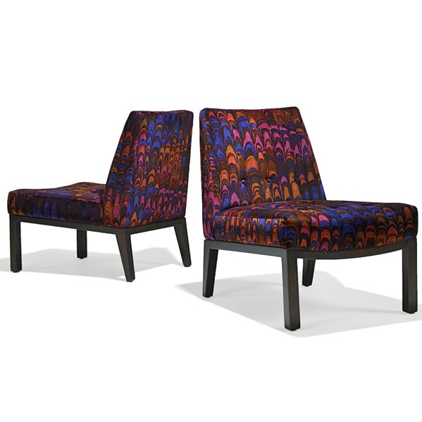 EDWARD WORMLEY; DUNBAR Pair of lounge chairs: EDWARD WORMLEY DUNBAR Pair of lounge chairs (no. 5000), Berne, IN, 1960s; Jack Lenor Larsen velvet, stained and lacquered mahogany; Brass label to one; 32" x 24" x 32 1/2"