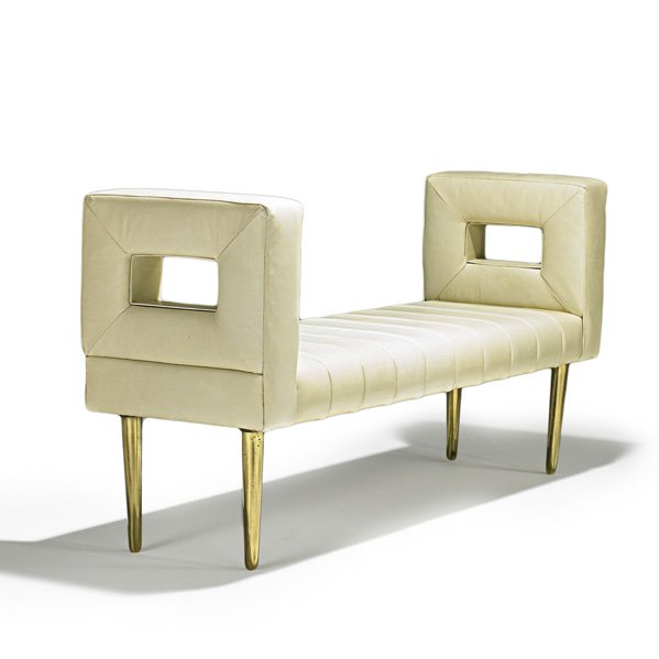 EDWARD WORMLEY; DUNBAR Open-arm bench: EDWARD WORMLEY DUNBAR Open-arm bench, Berne, IN, 1940s; Brass, leather; Unmarked; 24" x 48" x 15"