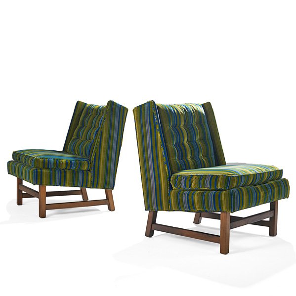 E. WORMLEY; DUNBAR Pr. of lounge chairs: EDWARD WORMLEY DUNBAR Pair of lounge chairs, Berne, IN, 1950s; Walnut, velvet; Retailer fabric labels; 32 1/2" x 26 1/2" x 32"