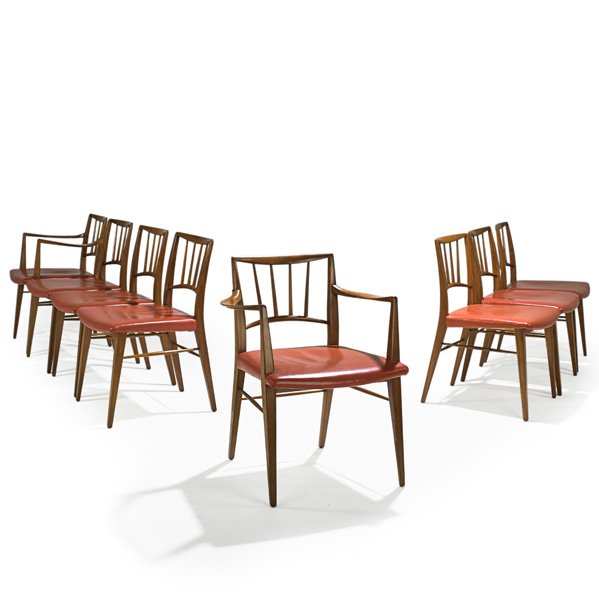 E. WORMLEY; DUNBAR Eight dining chairs: EDWARD WORMLEY DUNBAR Eight dining chairs, two arm-, six side-, Berne, IN, 1950s; Sap walnut, leather; Brass labels; Armchair: 32" x 25" x 21", side chair: 31 3/4" x 21 1/2" x 22 1/2"