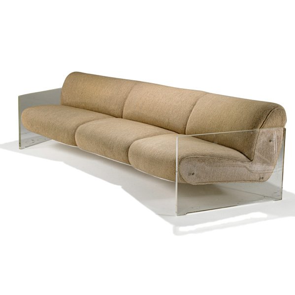 VLADIMIR KAGAN Curved sofa: VLADIMIR KAGAN VLADIMIR KAGAN DESIGNS INC. Plexi-Plank sofa, USA,1970s; Acrylic, upholstery; Unmarked; 26 1/2" x 104" x 38"