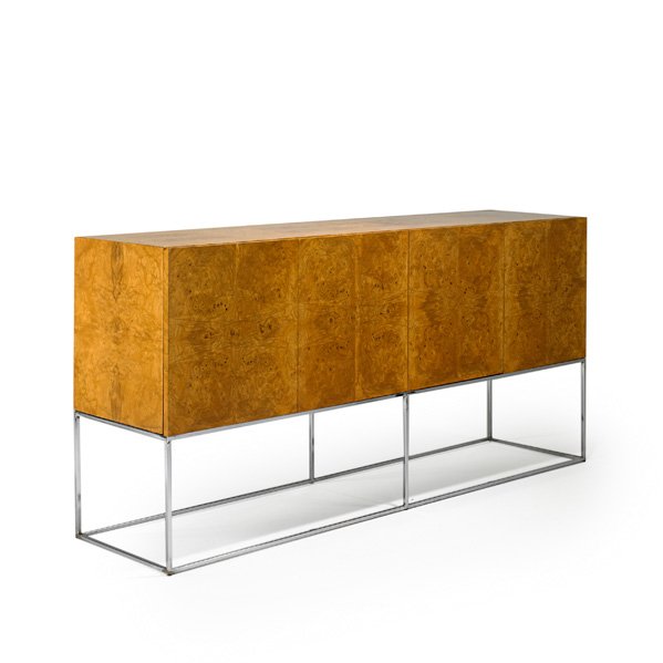 MILO BAUGHMAN; THAYER COGGIN Cabinet: MILO BAUGHMAN THAYER COGGIN Cabinet, High Point, NC, 1970s; Olive burl, chromed steel; Unmarked; 34 1/2" x 72" x 18 1/4"