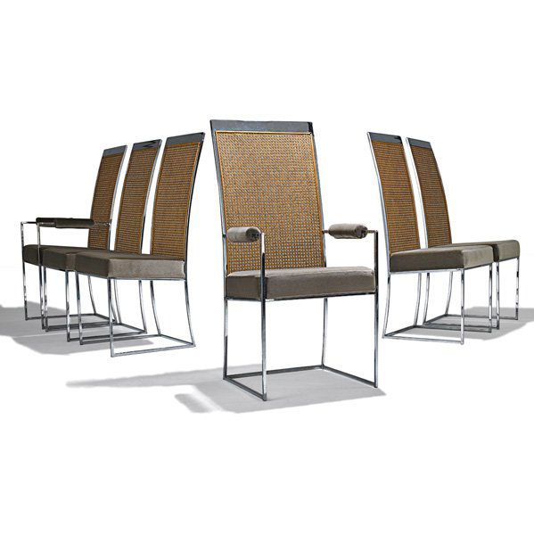 MILO BAUGHMAN Six dining chairs: MILO BAUGHMAN THAYER COGGIN Set of six dining chairs, two arm-, four side-, High Point, NC, 1970s; Chromed steel, mohair, cane; Fabric label to one; Armchairs: 43 1/2" x 22" x 23 1/2", side chairs: 43