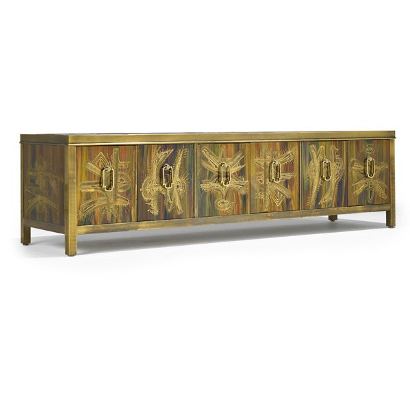 BERNHARD ROHNE; MASTERCRAFT Cabinet: BERNHARD ROHNE MASTERCRAFT Cabinet decorated with kanji script, USA, 1980s; Etched, patinated, and enameled bronze; Brass manufacturer's label; 21 1/4" x 78 1/2" x 21" Note: an unusual low version.