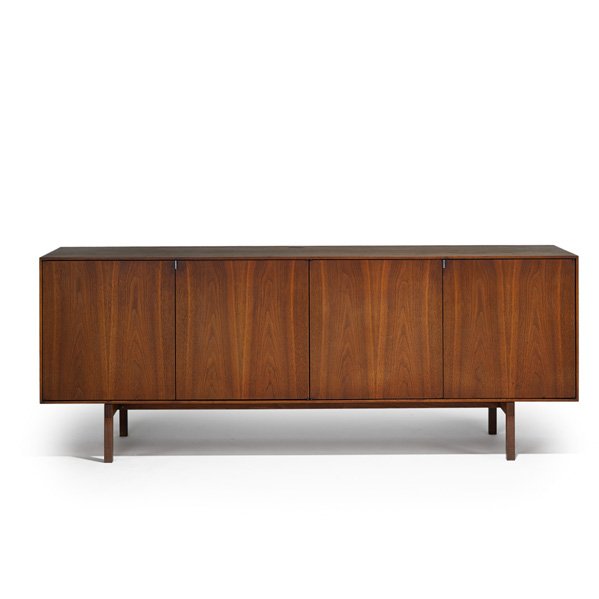 FLORENCE KNOLL Cabinet (no. 541): FLORENCE KNOLL KNOLL ASSOCIATES Cabinet (no. 541), USA, 1950s; Walnut, maple, chromed steel; Fabric manufacturer's label; 29" x 75 1/2" x 18"