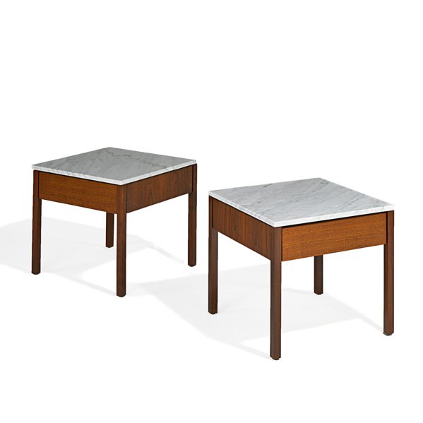 R. SCHULTZ; KNOLL Pr. of side tables: RICHARD SCHULTZ KNOLL Pair of single-drawer side tables, USA, 1950s; Walnut, marble; Manufacturer's fabric labels; 18" x 19 1/2" sq.