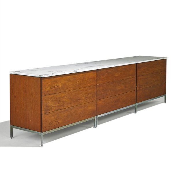 FLORENCE KNOLL Two cabinets: FLORENCE KNOLL KNOLL ASSOCIATES Two cabinets, USA, 1960s; Matte-chromed steel, teak, Carrara marble; Labels to undersides; Larger: 29" x 73" x 20", shorter: 29" x 36" x 20"