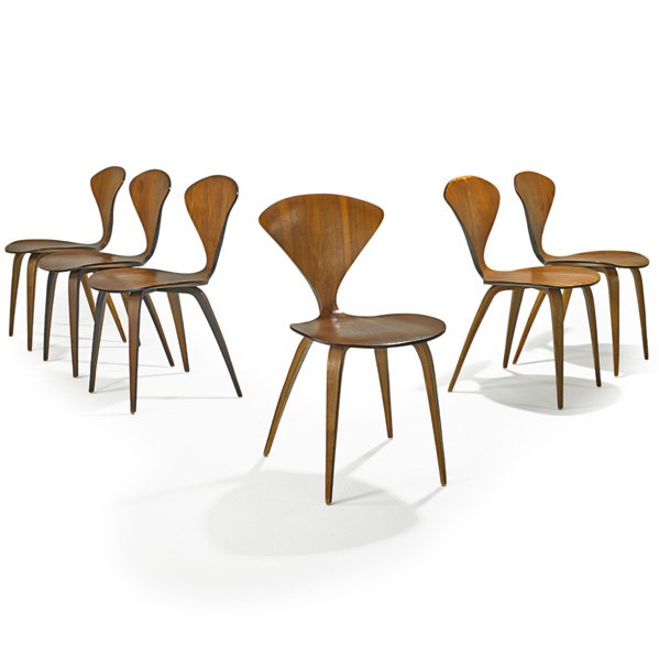 NORMAN CHERNER Set of six side chairs: NORMAN CHERNER PLYCRAFT Set of six laminated walnut side chairs, Lawrence, MA, 1960s; All have manufacturer's labels; 31" x 17" x 21"