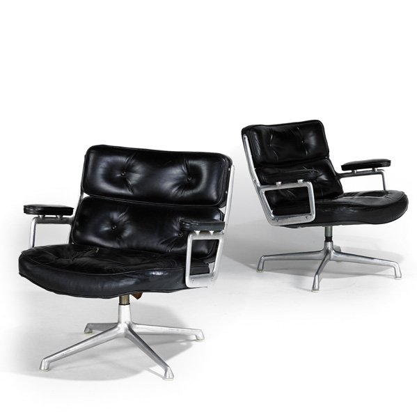 CHARLES AND RAY EAMES Two Time-Life chairs: CHARLES AND RAY EAMES HERMAN MILLER Two Time-Life chairs, Zeeland, MI, 1960s; Leather, aluminum, plastic; Paper and metal labels; 29 1/2" x 29" x 29 1/2"