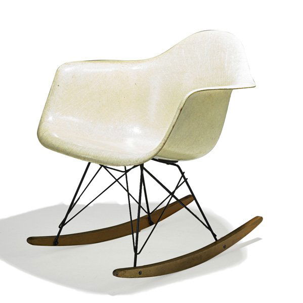 CHARLES AND RAY EAMES Rope edge rocking chair: CHARLES AND RAY EAMES ZENITH PLASTICS RAR chair, USA, 1950s; Fiberglass-reinforced plastic, rope, enameled steel, birch; Decal label; 26 3/4" x 24 3/4" x 27"