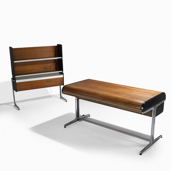 GEORGE NELSON; HERMAN MILLER Desk and bookcase: GEORGE NELSON HERMAN MILLER Action Office desk with tiered file cabinet, Zeeland, MI, 1960s; Aluminum, lacquered wood, walnut; Unmarked; Desk: 33 1/2" x 64 1/2" x 32", hanging cabinet: 12" x 48" x 13 