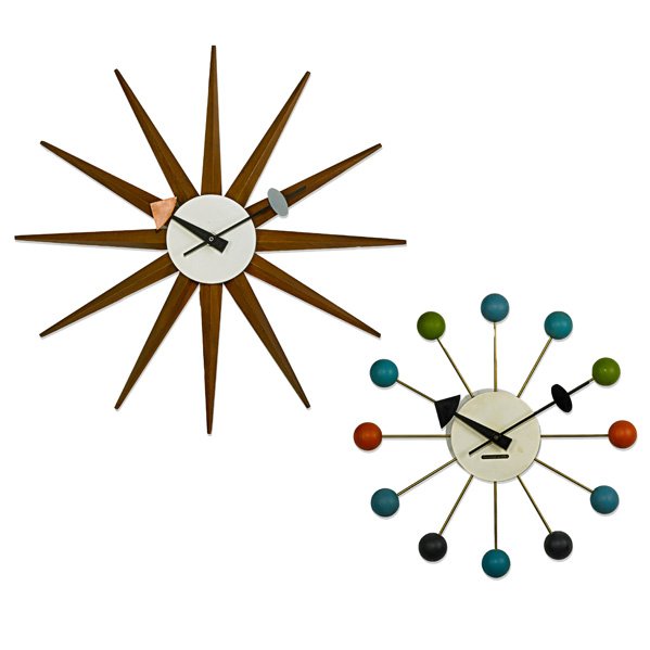 GEORGE NELSON Two clocks: HOWARD MILLER CLOCK COMPANY Two wall clocks, Ball (no. 4755) and Starburst (no. 2202), Zeeland, MI, 1950s; Enameled wood and metal; Manufacturer's paper label to both; Starburst: 19" dia.