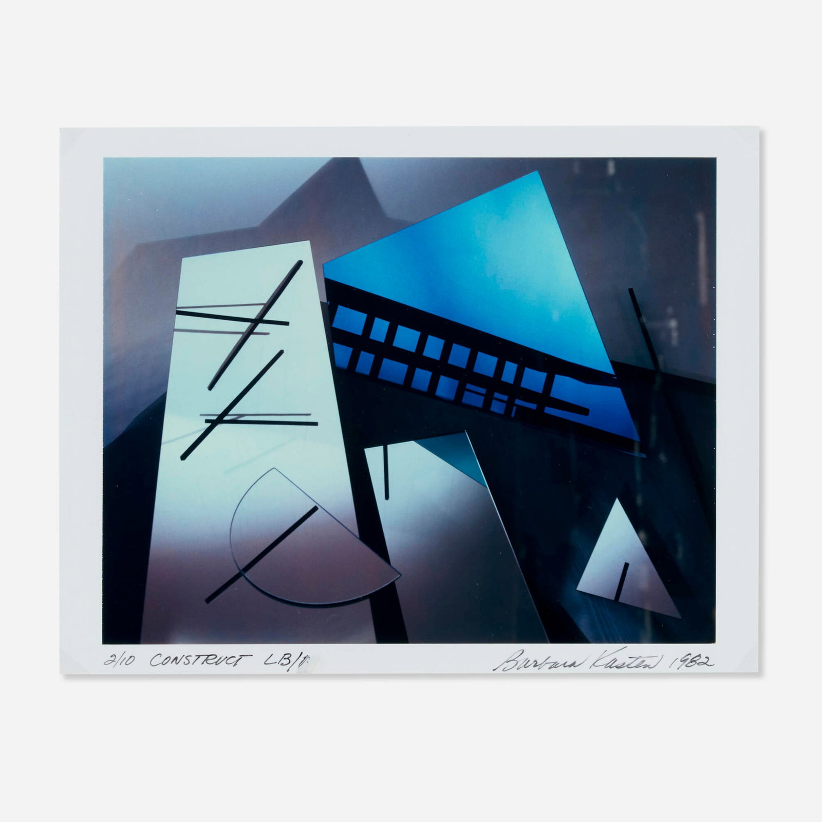 Barbara Kasten, Construct LB 1: Barbara Kasten Construct LB 1 1982unique Polaroid Type 809 Polacolor print image: 7.5 h x 9.5 w in (19 x 24 cm) sheet: 8.5 h x 10.75 w in (22 x 27 cm) Signed, titled, dated and numbered to