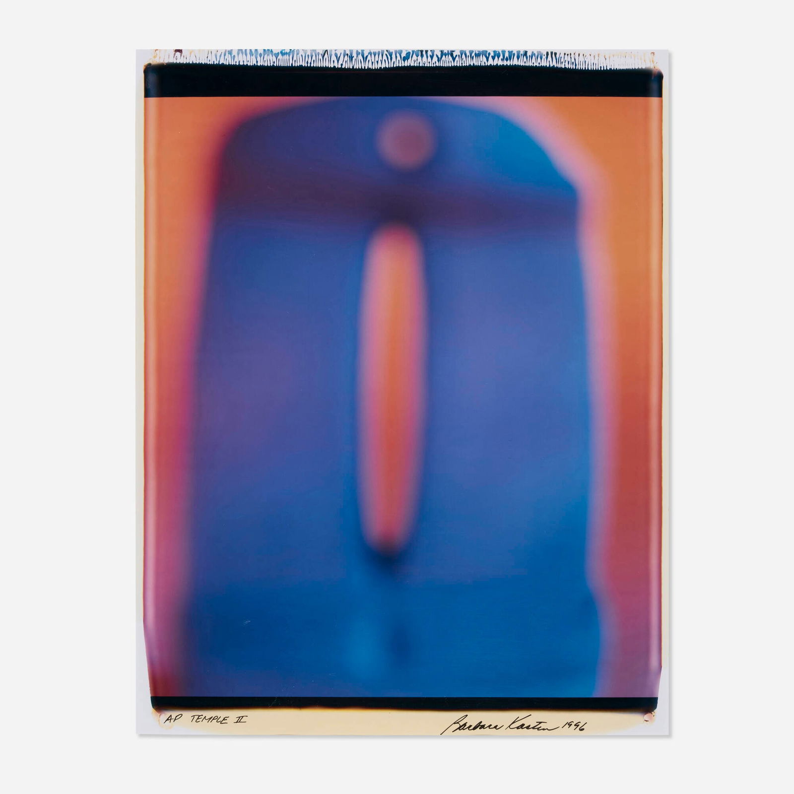 Barbara Kasten, Temple II: Barbara Kasten Temple II 1966unique large-format Polaroid Polacolor print image: 24 h x 20 w in (61 x 51 cm) sheet: 28.25 h x 22 w in (72 x 56 cm) Signed, titled, dated and numbered to lowe