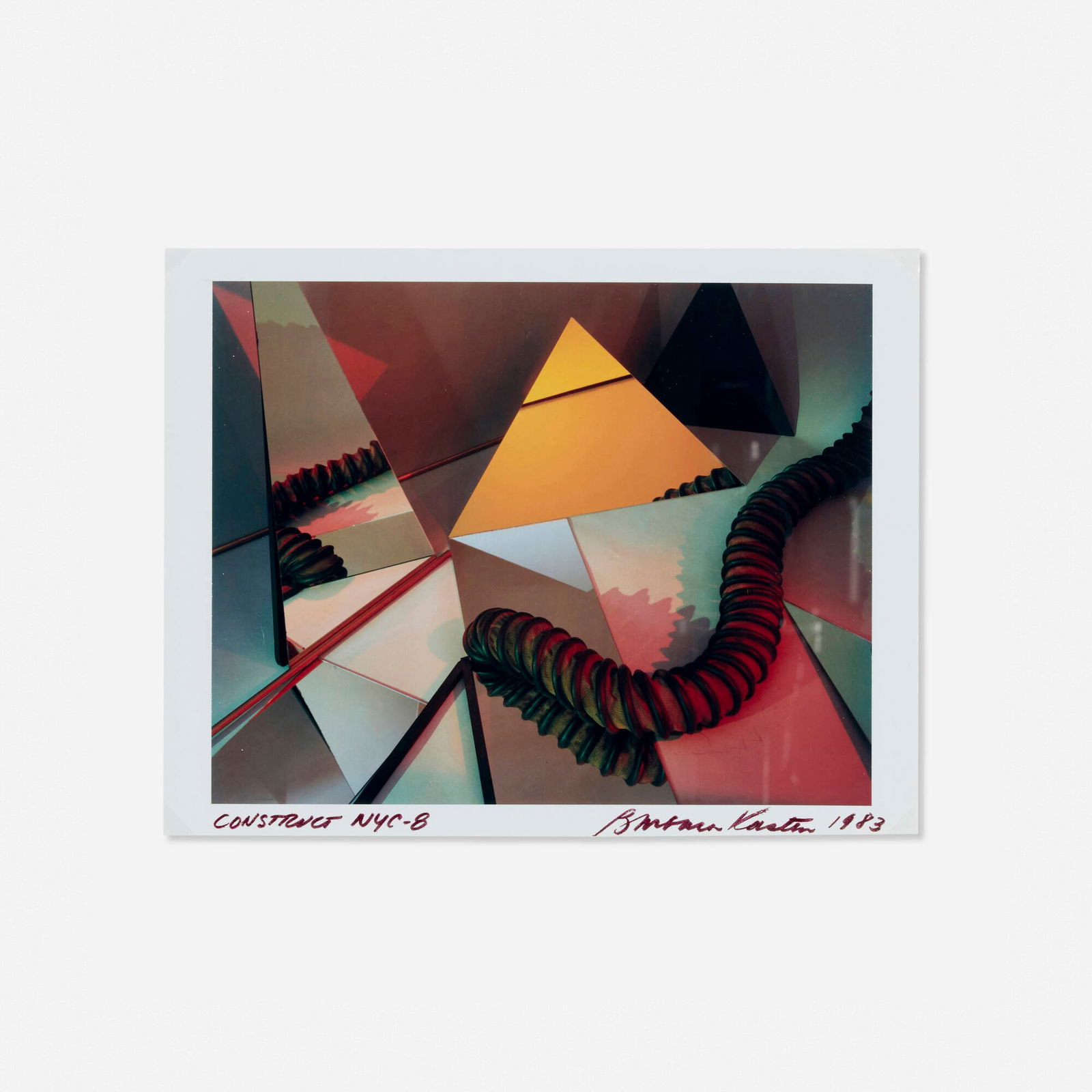 Barbara Kasten, Construct NYC 8: Barbara Kasten Construct NYC 8 1983unique Polaroid Type 809 Polacolor print image: 7.5 h x 9.5 w in (19 x 24 cm) sheet: 8.5 h x 10.75 w in (22 x 27 cm) Signed, titled and dated to lower edg