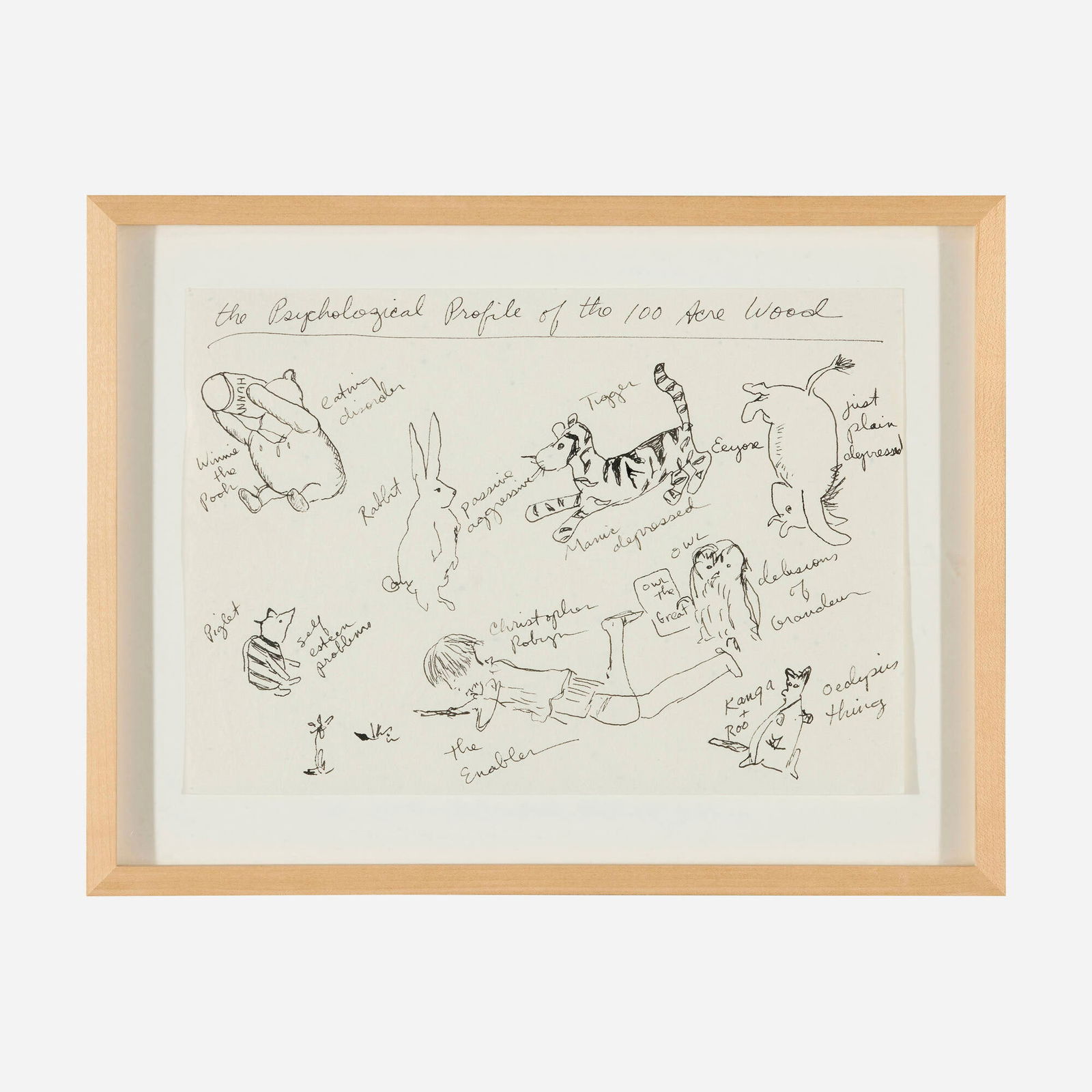 Karen Finley, The psychological profile of the 100 acre wood: Karen Finley The psychological profile of the 100 acre wood 1997ink on paper 8.125 h x 11.5 w in (21 x 29 cm) Provenance: Liebman Magnan, New York | Private Collection <