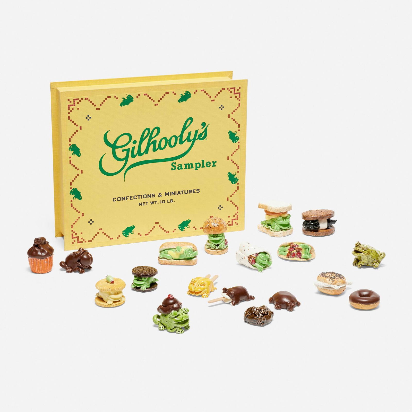 David Gilhooly, 10 Pound Sampler Number 10: David Gilhooly 10 Pound Sampler Number 10 1988-89glazed earthenware, canvas over board, printed paper 3 h x 13 w x 11 d in (8 x 33 x 28 cm) Incised signature and date to each element 'Gilhooly