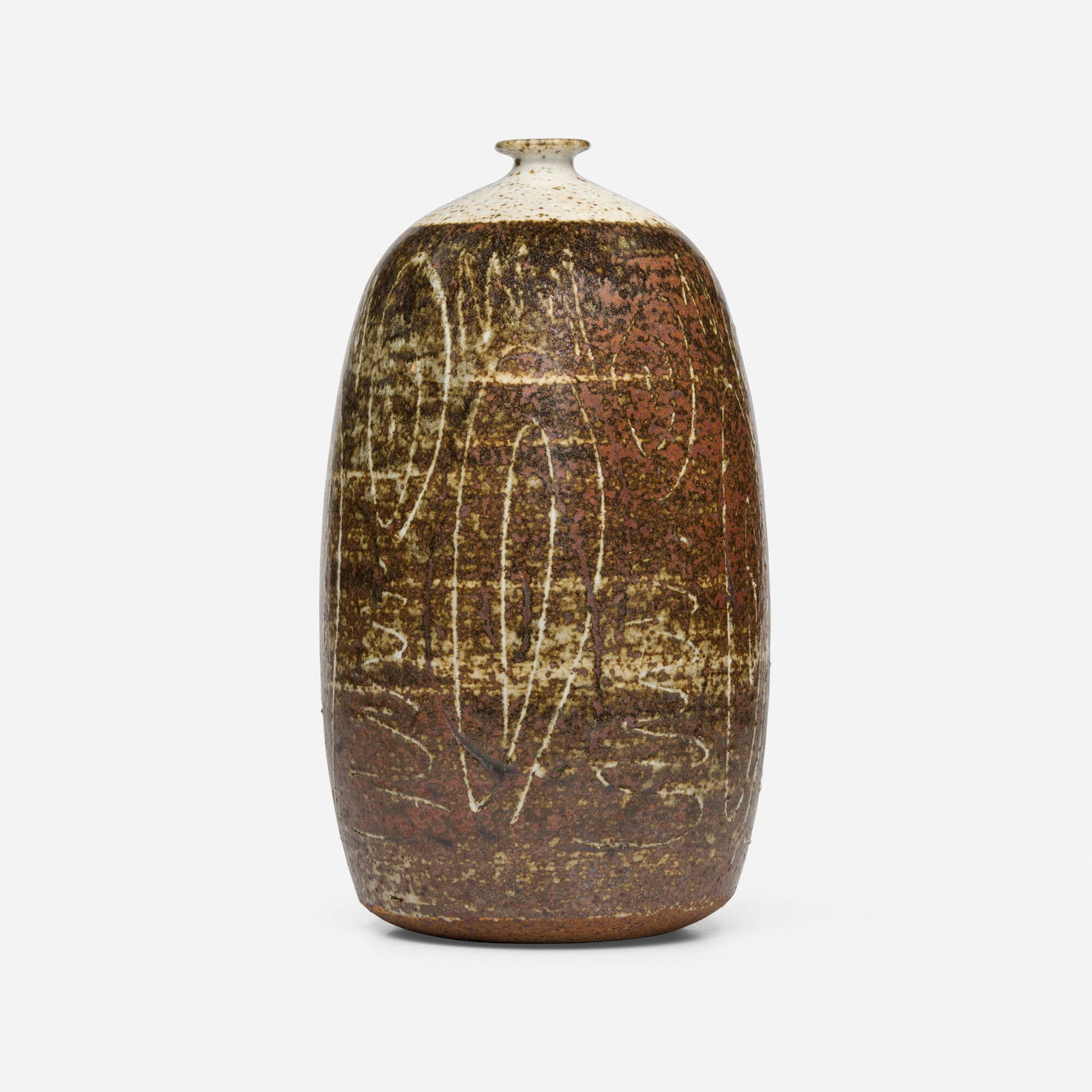 Peter Voulkos, Early vase: Peter Voulkos Early vase c. 1955glazed stoneware 10.5 h x 6 dia in (27 x 15 cm) Incised illegible signature to underside. This work will ship from Lambertville, New Jersey.