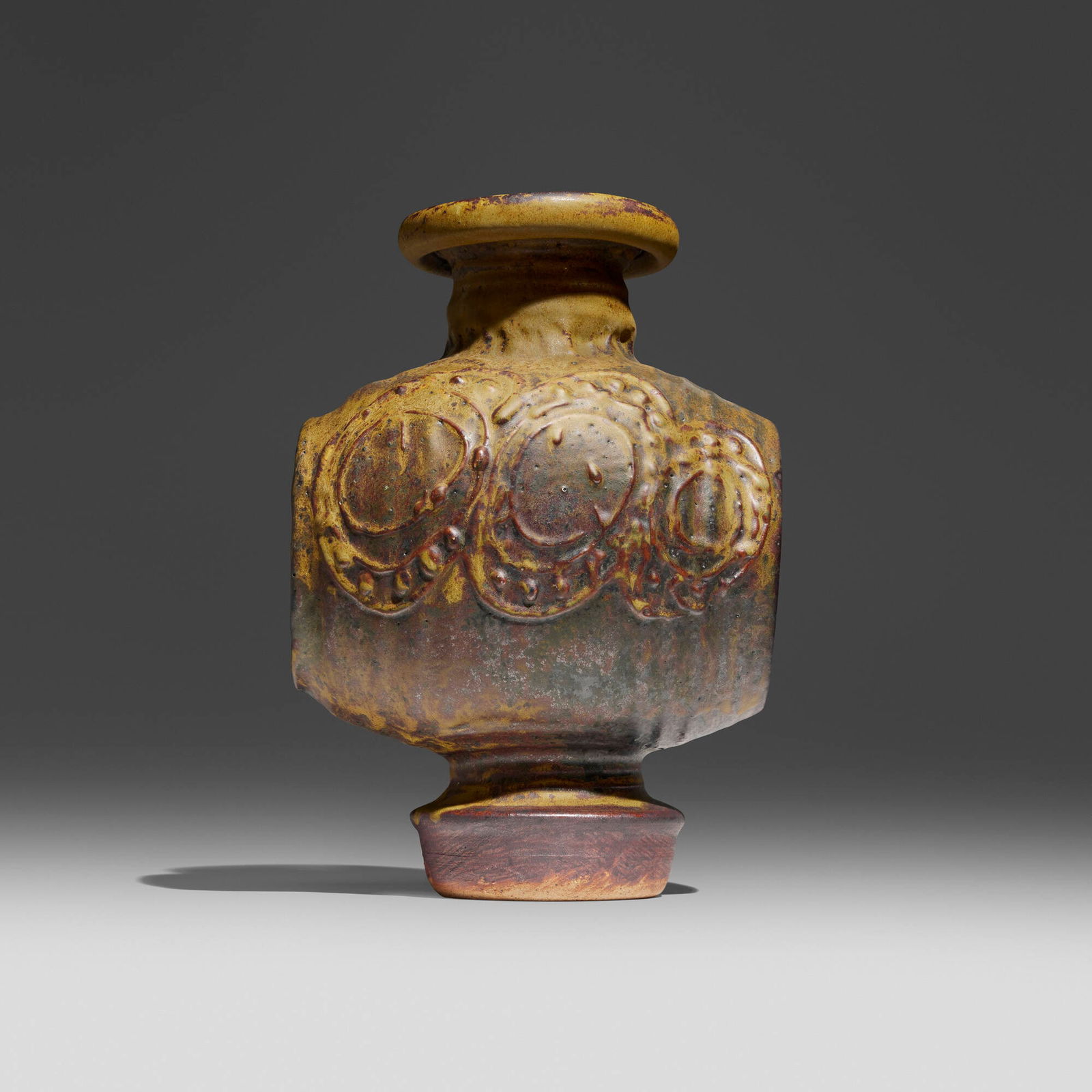 Peter Voulkos, Early vase: Peter Voulkos Early vase c. 1955glazed stoneware 12 h x 8.5 w x 7.5 d in (30 x 22 x 19 cm) Slip signature to underside 'Voulkos'. Provenance: The Artist | Collection of