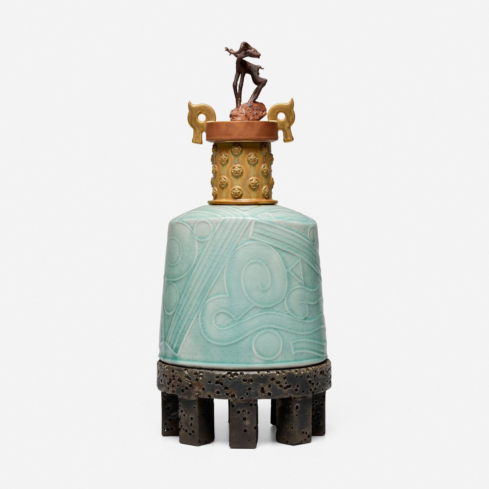 Adrian Saxe, Antelope Jar: Adrian Saxe Antelope Jar 1980glazed porcelain, stoneware, raku 24 h x 10 w x 9 d in (61 x 25 x 23 cm) Impressed and incised signature and date to underside 'Saxe 1980'. Provenan