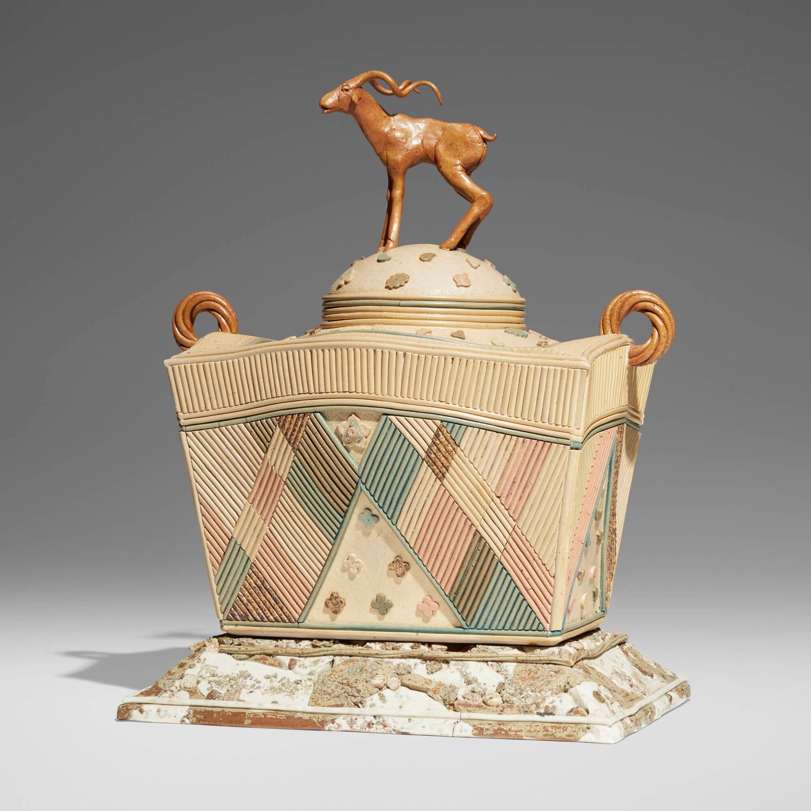 Adrian Saxe, Untitled Covered Jar on Base with Antelope Finial: Adrian Saxe Untitled Covered Jar on Base with Antelope Finial 1976glazed porcelain and stoneware 17.25 h x 14 w x 8.625 d in (44 x 36 x 22 cm) Impressed signature and date to underside of base
