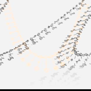 French, Diamond, silver, and gold necklace: French Diamond, silver, and gold necklace Designed with graduated fringes of old mine and rose-cut diamonds Silver, pink and yellow gold 22 in; Gross weight 26.8 dwts This work will sh