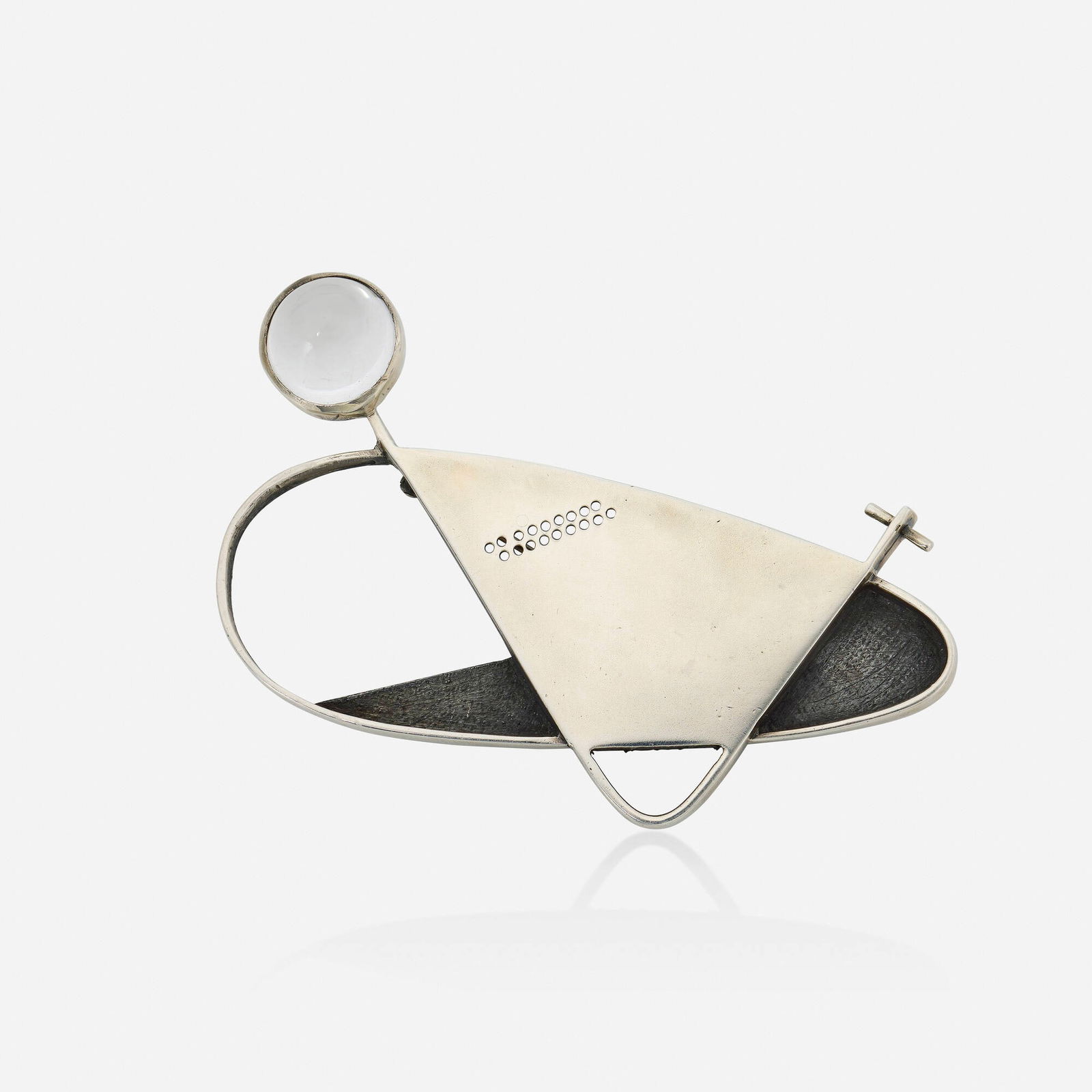 Margaret De Patta, 'Production pin #22' sterling silver and quartz brooch: Margaret De Patta 'Production pin #22' sterling silver and quartz brooch Of geometric design, set with cabochon quartz Sterling silver Signed de Patta with maker's mark 3 x 2 in; Gross weight 18.2 d