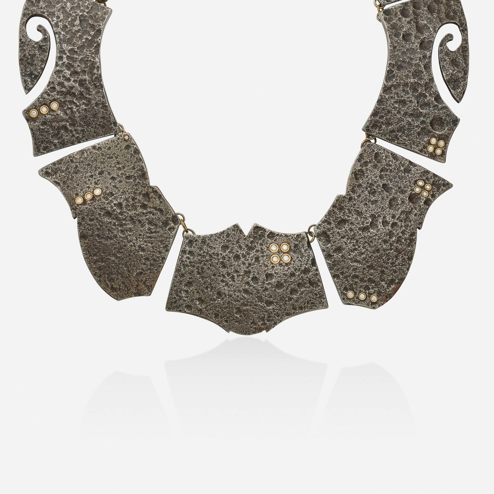 Jaclyn Davidson, Steel, gold, and diamond necklace: Jaclyn Davidson Steel, gold, and diamond necklace Of scalloped form, set with round brilliant-cut diamonds Steel and yellow gold 17 in; Gross weight 233.9 dwts Provenance: Acquired