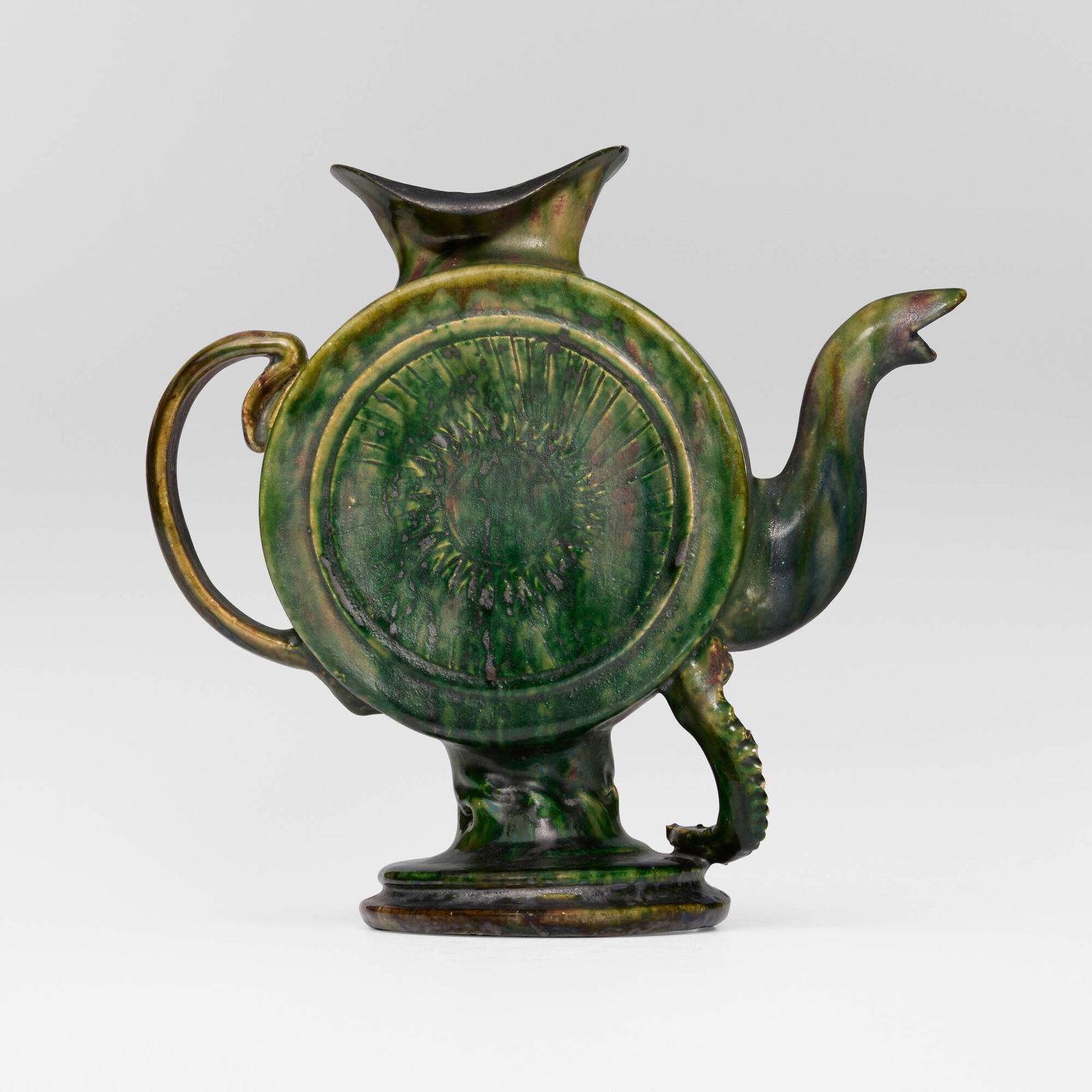 George E. Ohr, Rare cadogan teapot with snake: George E. Ohr Rare cadogan teapot with snake USA, 1895-1903glazed and incised earthenware 7.625 h x 8.25 w x 3.5 d in (19 x 21 x 9 cm) Cadogan features a flask form with snake, a twisted stem,