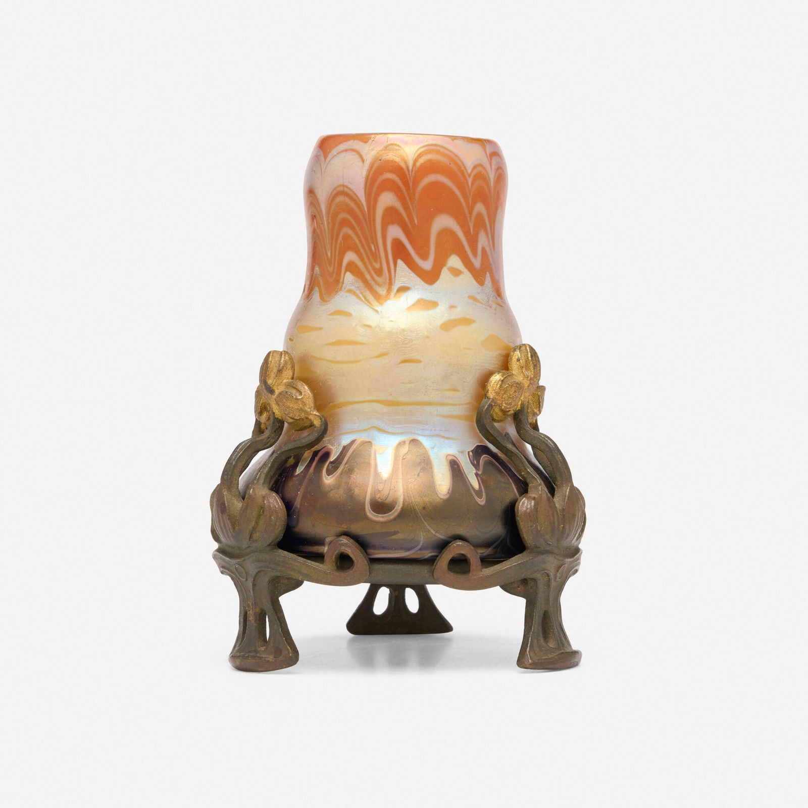 Franz Hofstotter for Loetz, Rare Phanomen vase (Gre 358) with mount: Franz Hofstotter for Loetz Rare Phanomen vase (Gre 358) with mount Austria, c. 1900hand-blown glass, gilt bronze 4.5 h x 3.25 dia in (11 x 8 cm) Provenance: The Jory Collectio