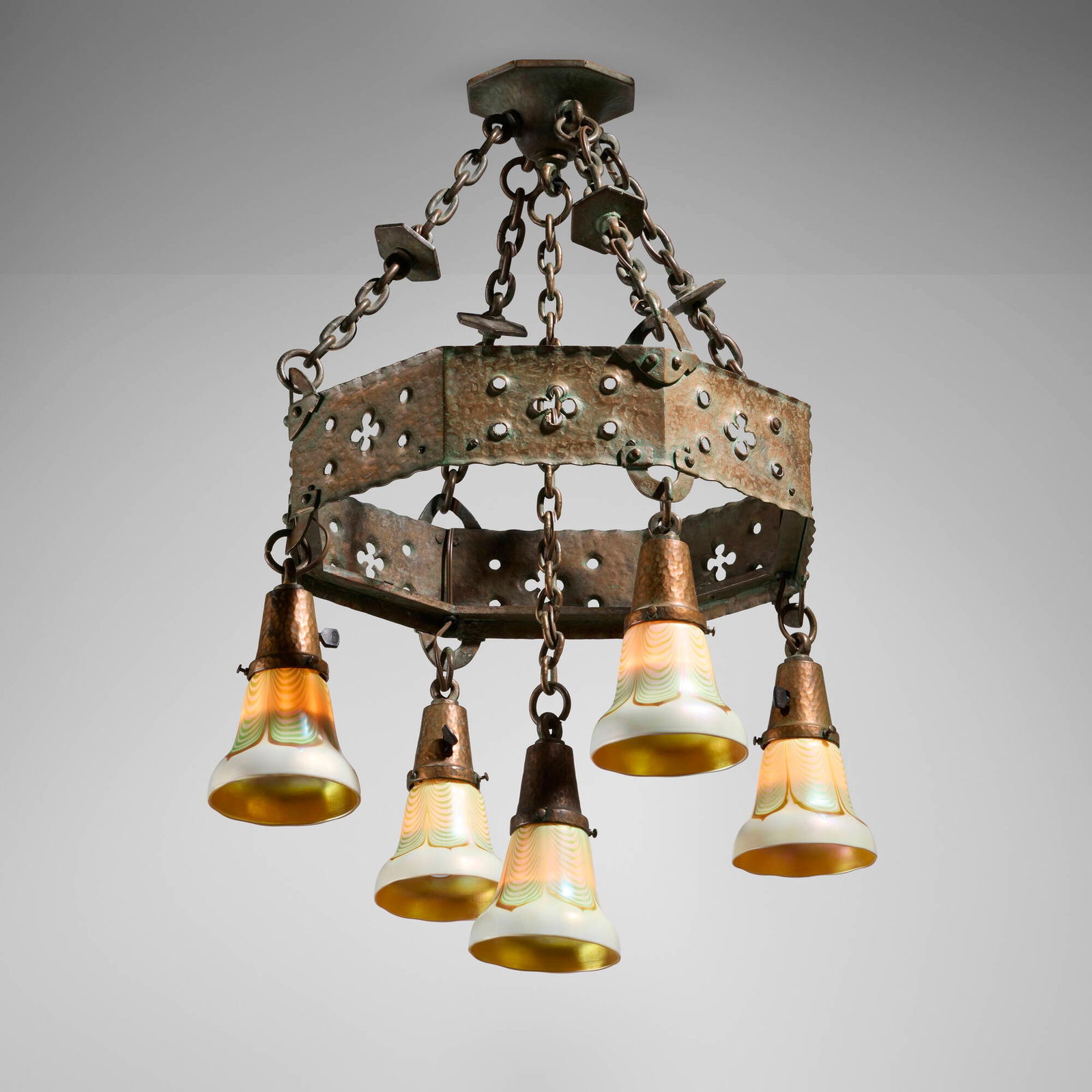 Arts & Crafts, Chandelier with Steuben shades: Arts & Crafts Chandelier with Steuben shades USA, c. 1910patinated iron, copper, hand-blown glass 17.5 h x 17.25 w x 17.25 d in (44 x 44 x 44 cm) Acid-stamped manufacturer's mark to inside of