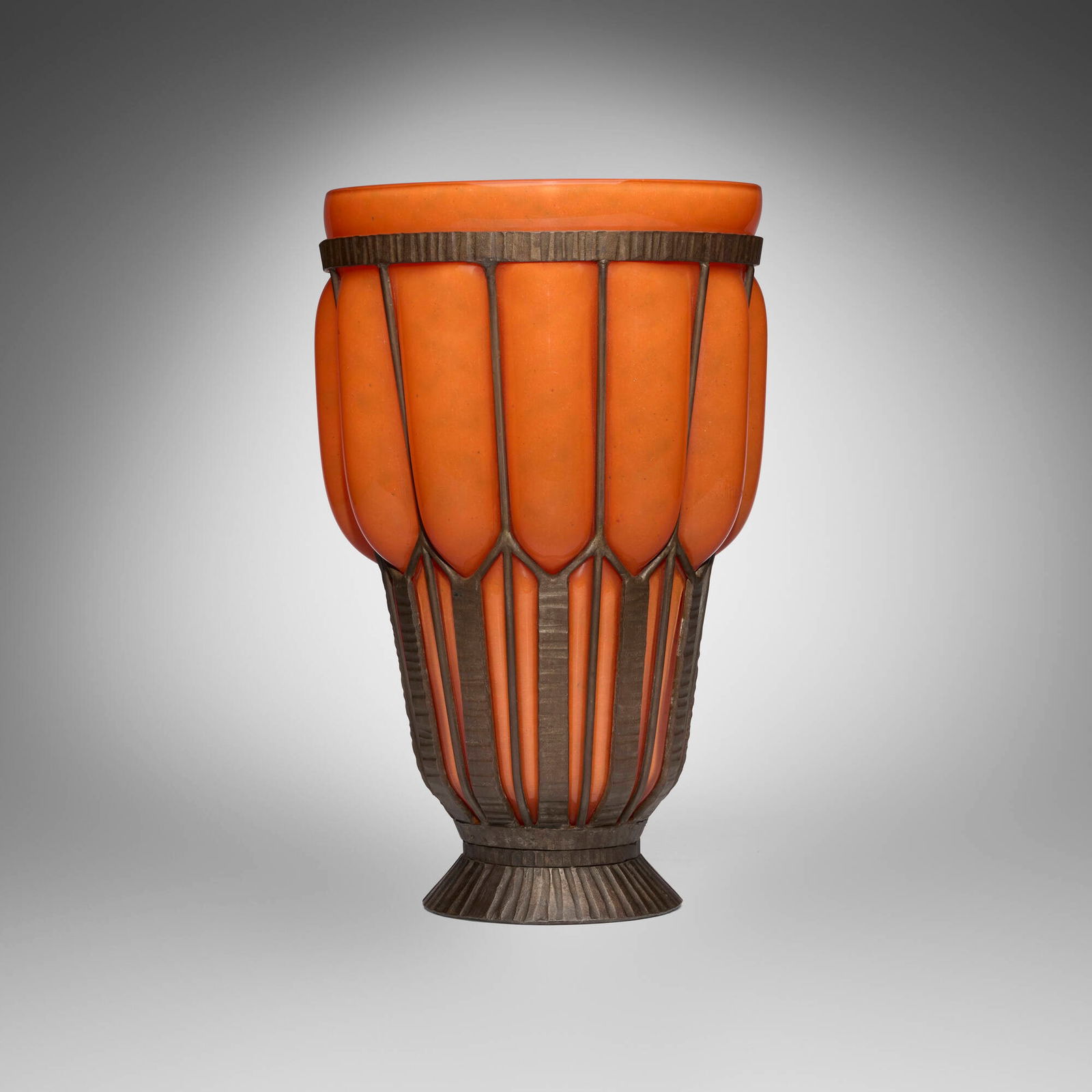 Daum and Majorelle, Vase: Daum and Majorelle Vase France, c. 1920hand-blown glass, iron 13.5 h x 8.5 dia in (34 x 22 cm) Etched signature to side of vase 'L. Majorelle' and 'Daum Nancy France' with Croix de Lorraine. <