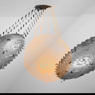 Rene Lalique, Rare Passiflore chandelier: Rene Lalique Rare Passiflore chandelier France, c. 1924molded glass, chrome-plated metal, rope 33 h x 20 dia in (84 x 51 cm) Etched manufacturer's mark to edge of cap 'R. Lalique France'. <