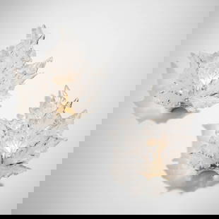 Lalique, Champs-Elysees sconces, pair: Lalique Champs-Elysees sconces, pair France, 1957 / after 1978molded and frosted glass, brass 11.75 h x 10.5 w x 3.75 d in (30 x 27 x 10 cm) Etched manufacturer's mark to each leaf 'Lalique Fr