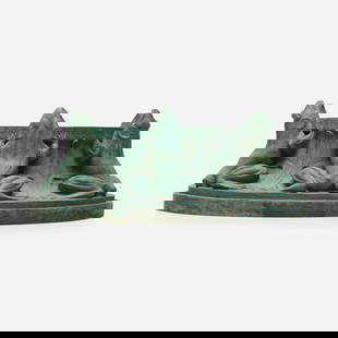 Roman Bronze Works, Fountain base with frogs: Roman Bronze Works Fountain base with frogs USA, c. 1920patinated bronze 7.5 h x 20.5 dia in (19 x 52 cm) The present lot bears resemblance to similar works of the period by Edith Barretto Ste