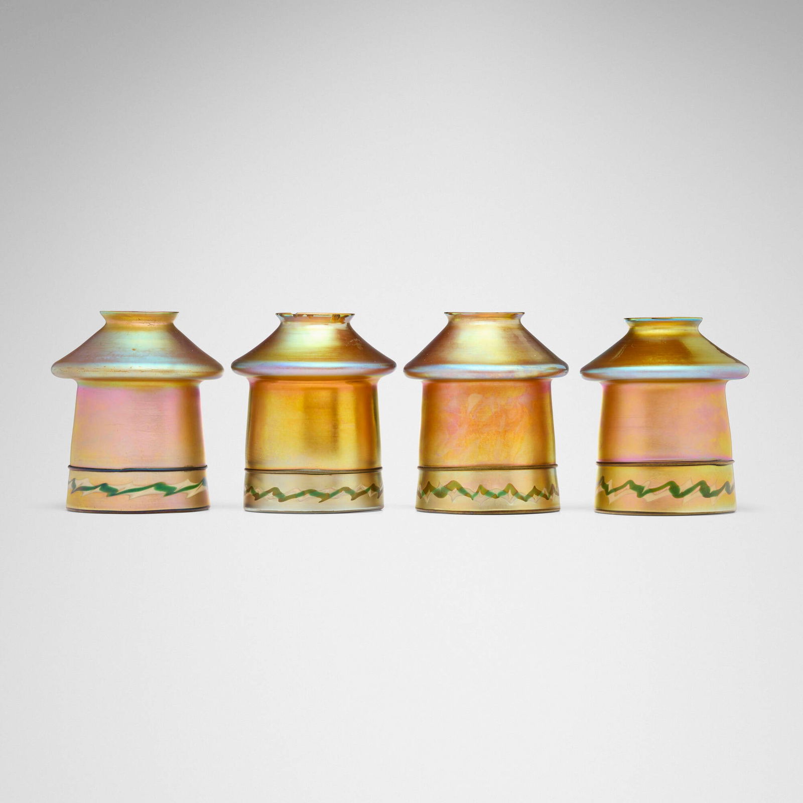 Steuben, Intarsia shades, set of four: Steuben Intarsia shades, set of four USA, c. 1910hand-blown glass each approximately: 5.5 h x 4.5 dia in (14 x 11 cm) This work will ship from Lambertville, New Jersey.