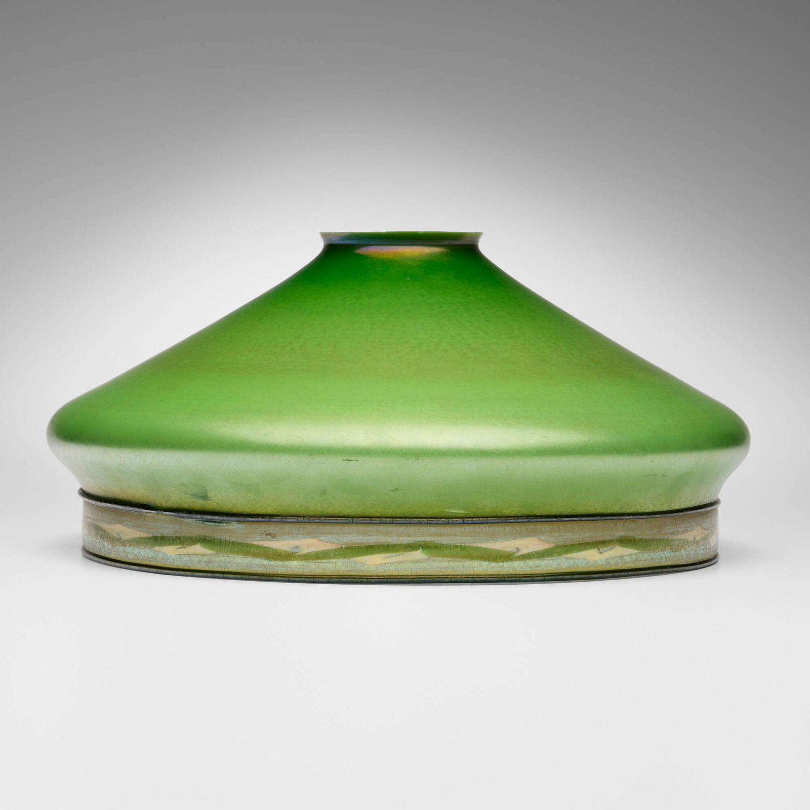 Steuben, Large Intarsia shade: Steuben Large Intarsia shade USA, c. 1910hand-blown glass 6 h x 13.5 dia in (15 x 34 cm) This work will ship from Lambertville, New Jersey.