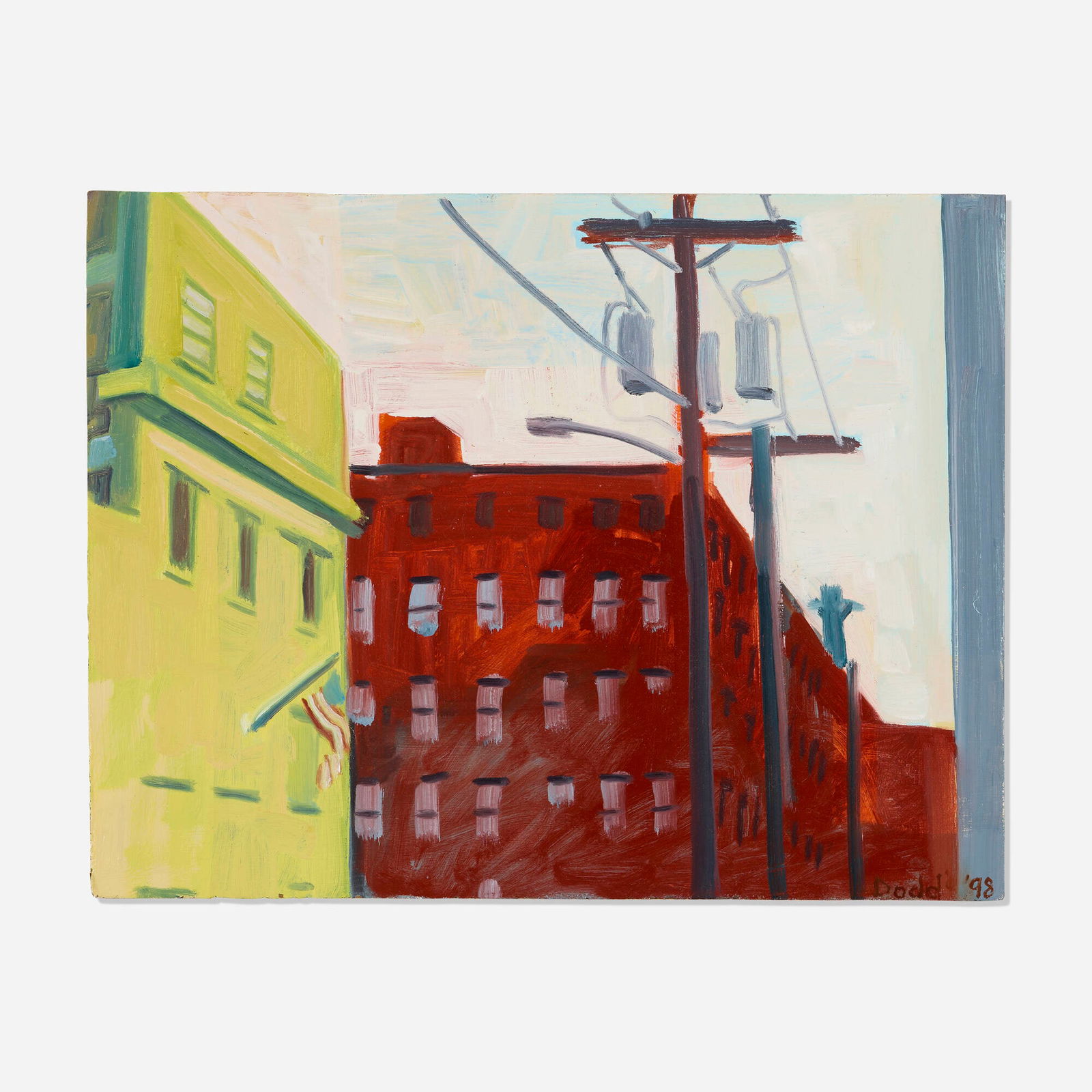 Lois Dodd, Jersey City Lofts: Lois Dodd Jersey City Lofts 1998oil on Masonite 10 h x 13 w in (25 x 33 cm) Signed and dated to lower right 'Dodd '98'. Signed, titled and dated to verso 'Lois Dodd 1998 Jersey City Lofts'.