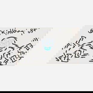Keith Haring, Untitled: Keith Haring Untitled 1985ink and stamp on envelope 4.5 h x 7.375 w in (11 x 19 cm) Signed and dated to upper edge 'K. Haring '85'. Sold with a collection of correspondence to Wilbur "Pete" Da