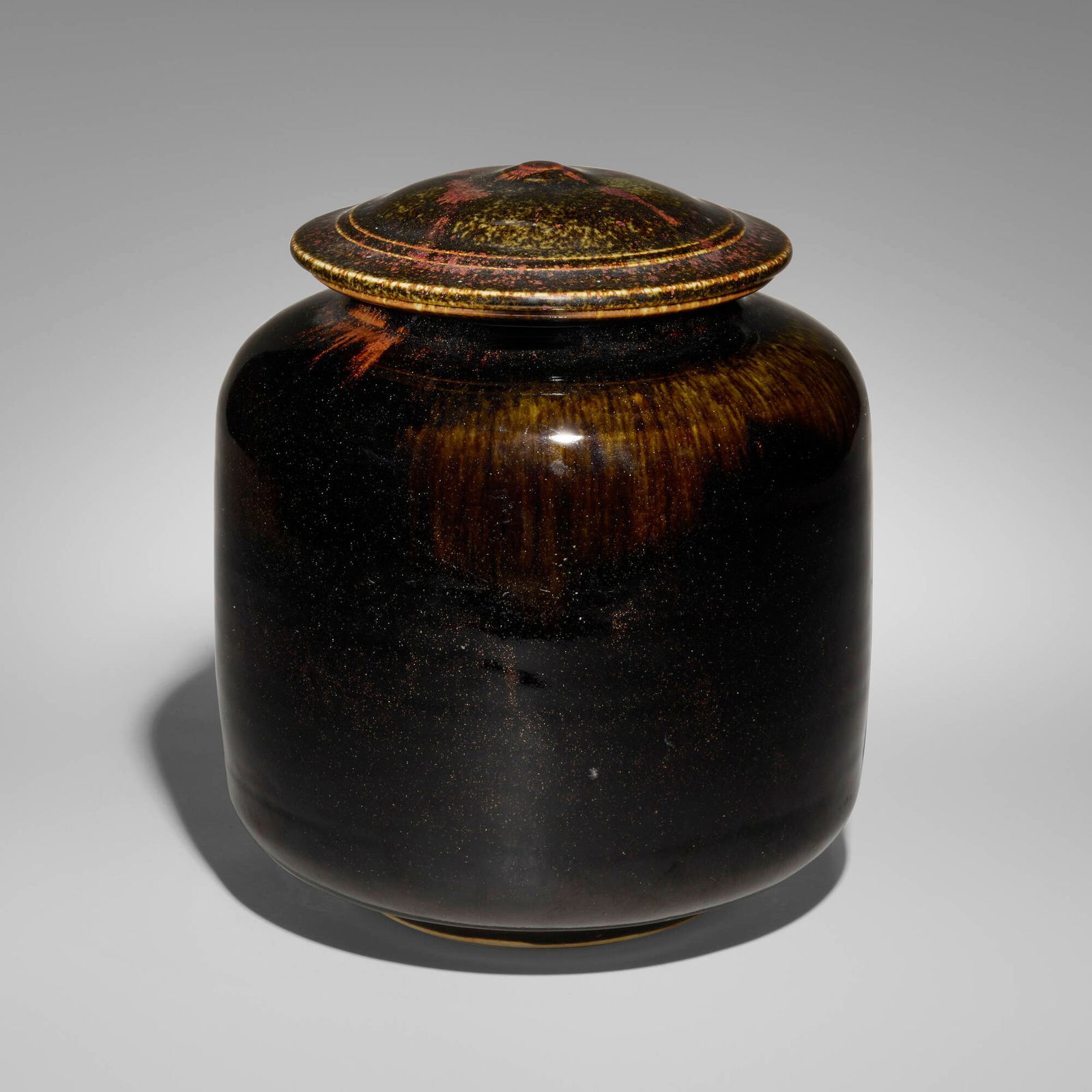 Brother Thomas Bezanson, Covered vessel: Brother Thomas Bezanson Covered vessel c. 1980black olive and kaki-glazed porcelain 11 h x 9 dia in (28 x 23 cm) Incised signature to underside 'Benedictine Monks Weston Vermont' with ichthys